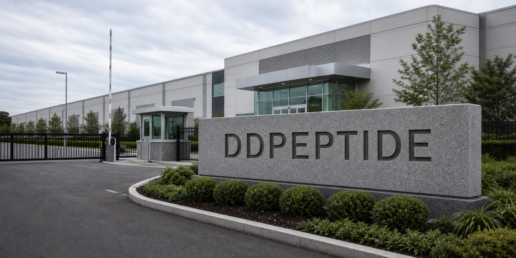 Concept view of a modern factory entrance with a large DDPEPTIDE stone monument