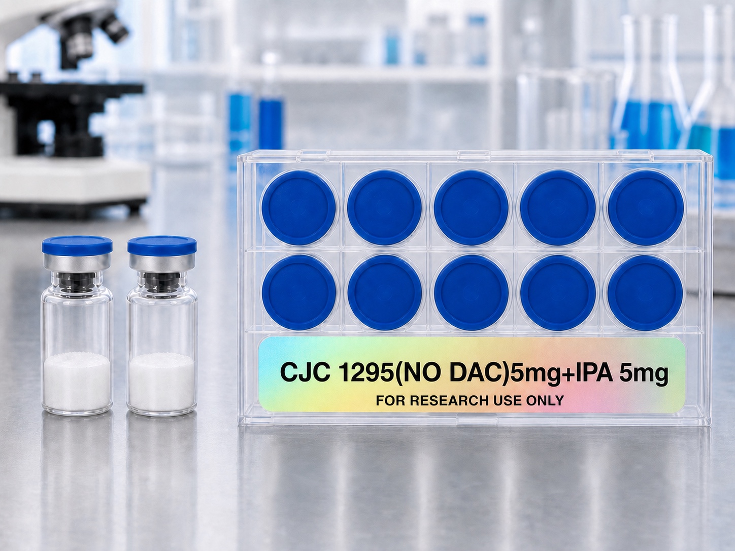 CJC 1295(NO DAC)5mg+IPA 5mg research vial box with two matching vials in a laboratory setting