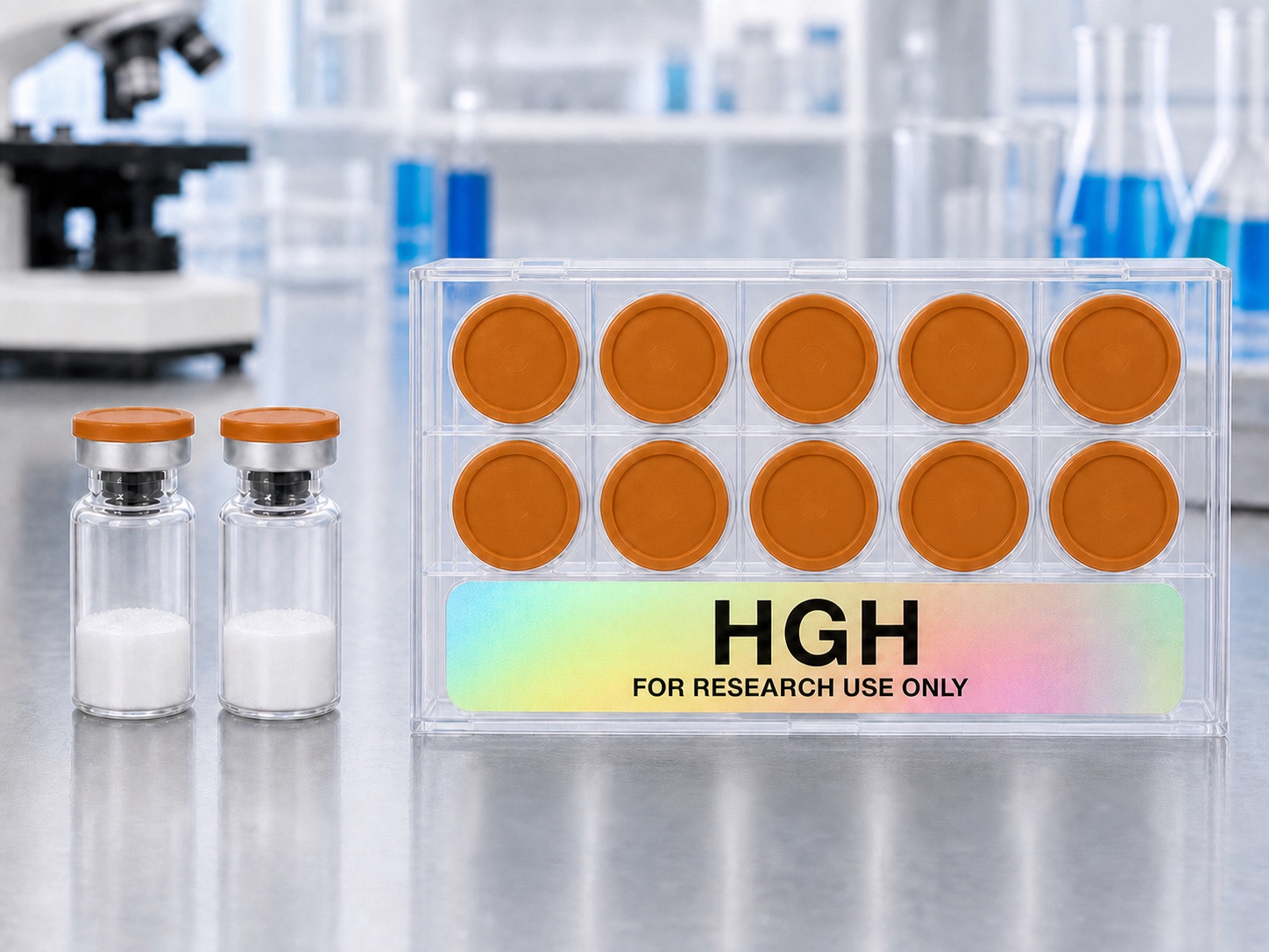HGH research vial box with two matching vials in a laboratory setting