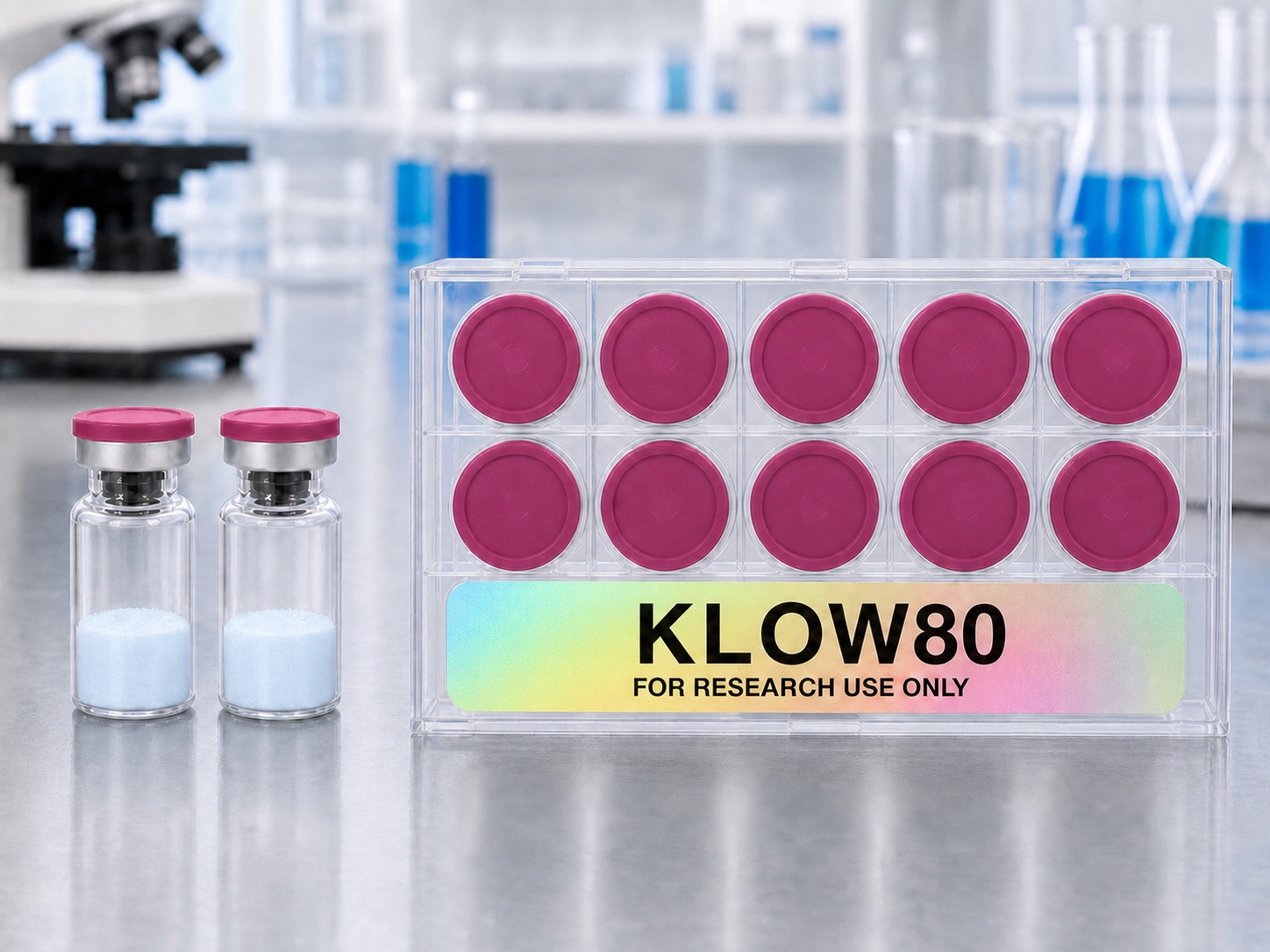 KLOW80 research vial box with two matching vials in a laboratory setting