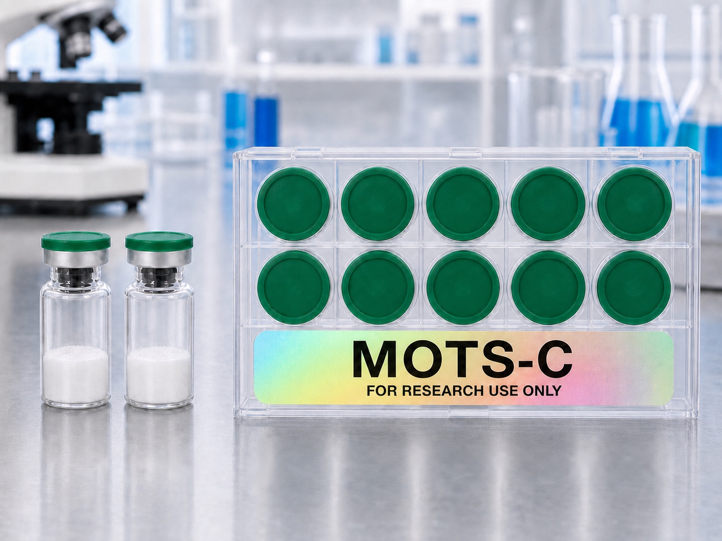 MOTS-C research vial box with two matching vials in a laboratory setting