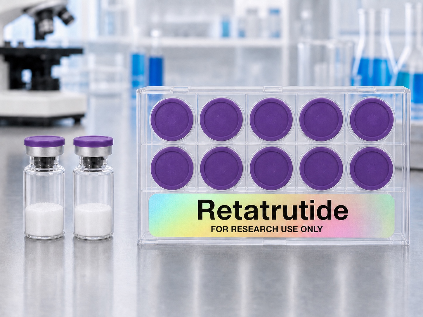 Retatrutide research vial box with two matching vials in a laboratory setting