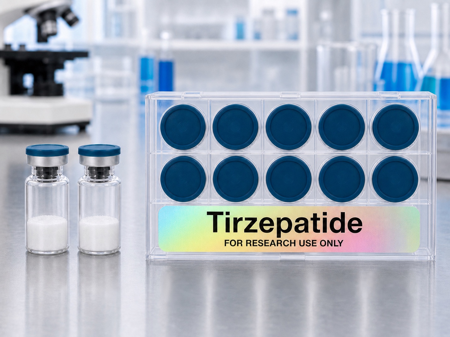 Tirzepatide research vial box with two matching vials in a laboratory setting